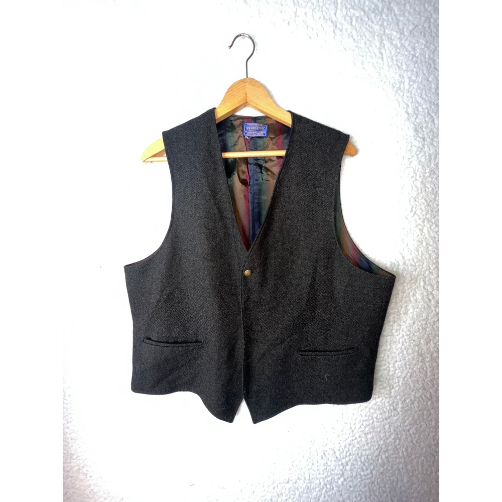 Vintage Pendleton Mens Gray Wool Tweed Vest Iridescent Lining Gold Button L